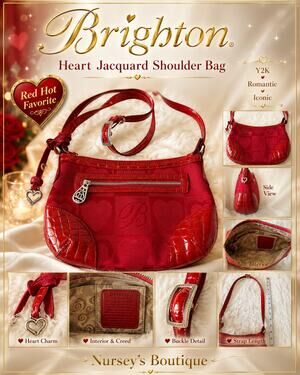 Brighton Red Heart Jacquard Shoulder Bag Patent Croc Trim Purse